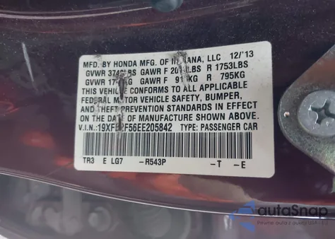 2014 Honda Civic Lx z USA, uszkodzony, nr VIN 19XFB2F56EE205842